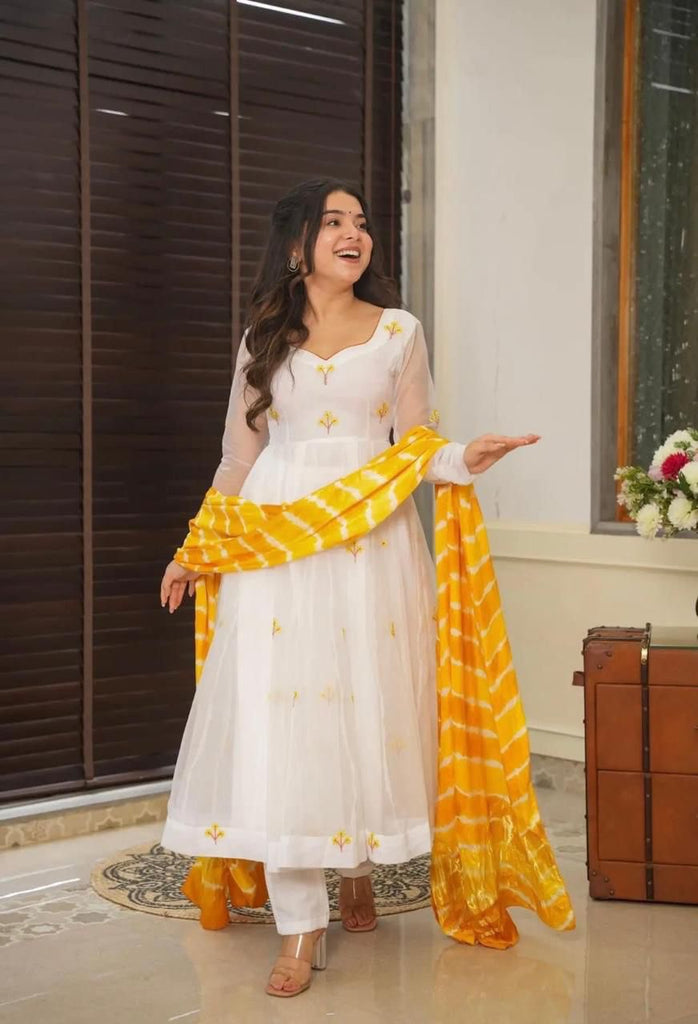 Yellow & White Celebrate Elegance with Our Exclusive Two-Color Anarkali Design ClothsVilla