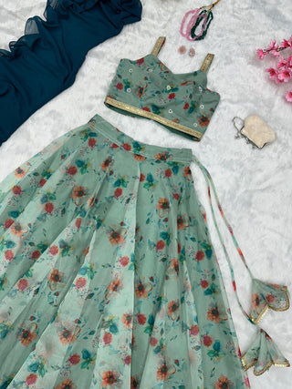 Teal Blue Exclusive Organza Lehenga Design ClothsVilla.com