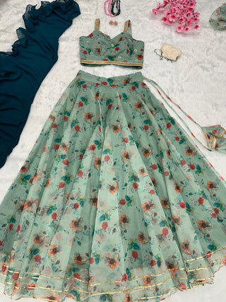 Teal Blue Exclusive Organza Lehenga Design ClothsVilla.com