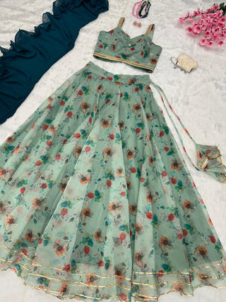Teal Blue Exclusive Organza Lehenga Design ClothsVilla.com