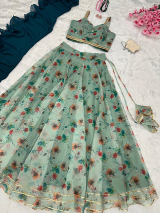 Teal Blue Exclusive Organza Lehenga Design ClothsVilla.com