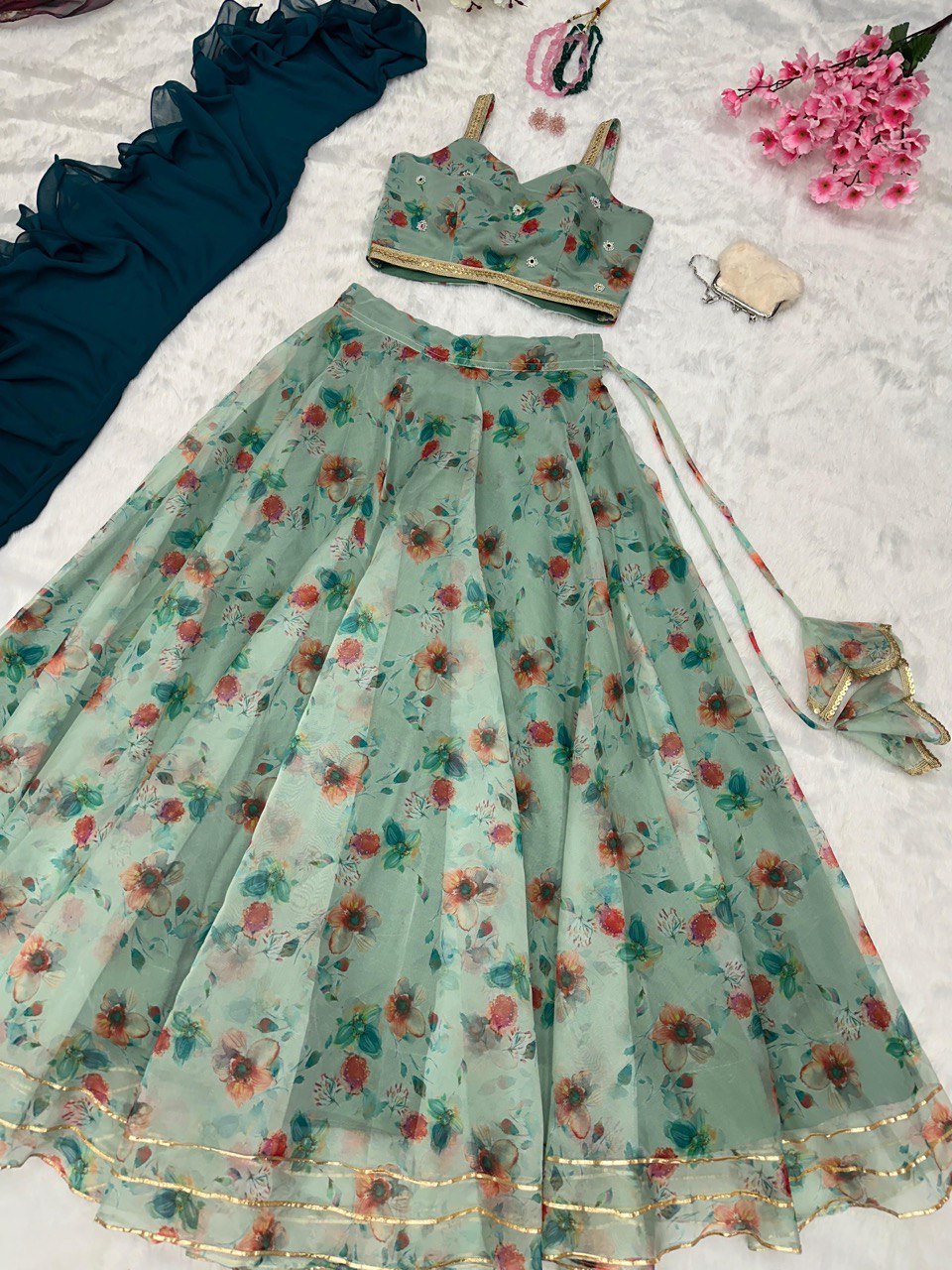Teal Blue Exclusive Organza Lehenga Design ClothsVilla.com