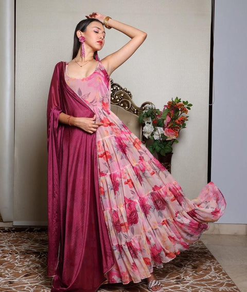 Pink Embrace Elegance with Our Exclusive Georgette Anarkali Design ClothsVilla Main image