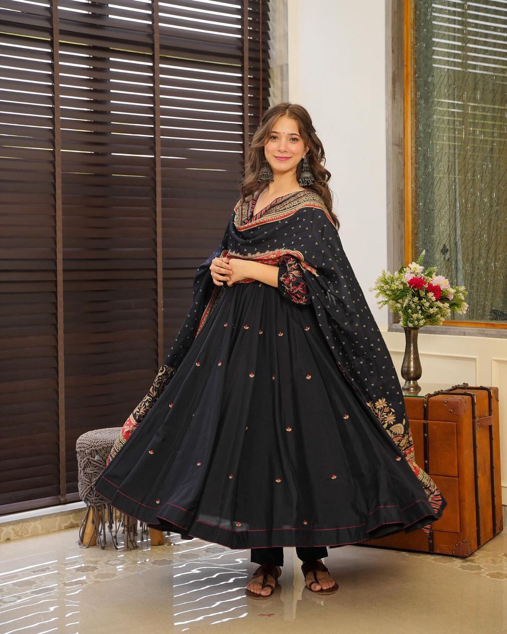 Black Embrace Modern Elegance with Our Exclusive Digital Printed Anarkali Set ClothsVilla Main image