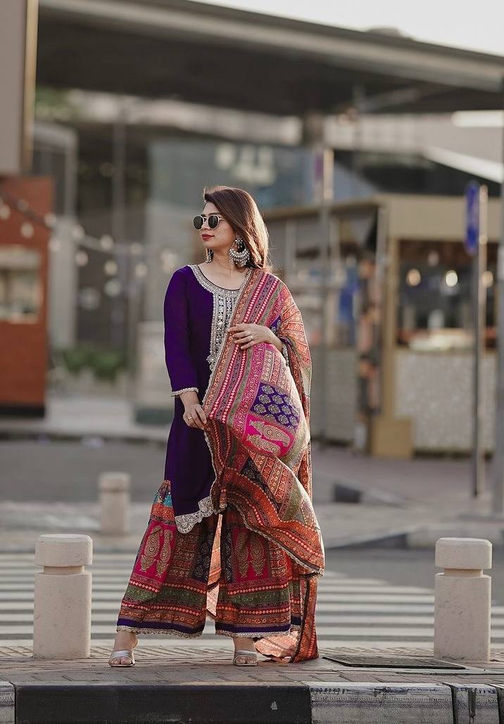Purple Premium Designer Readymade Top, Palazzo Set - Party Wear Collection ClothsVilla Main image