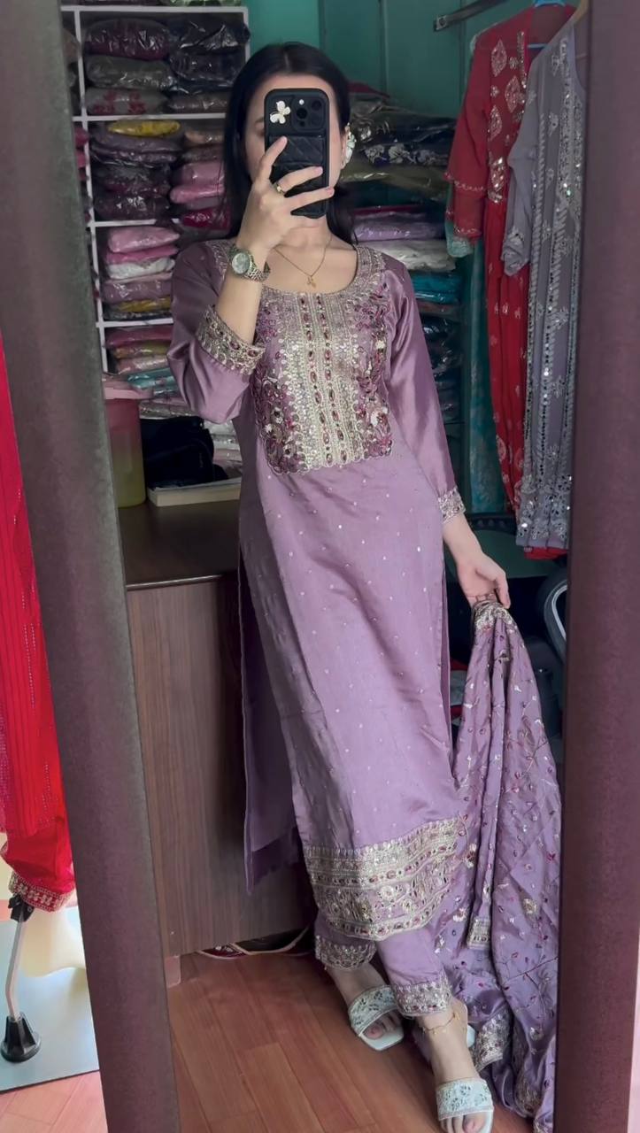 Dusty Purple Premium Designer Readymade Suit Set Heavy Chinon Silk Clothsvilla Main image