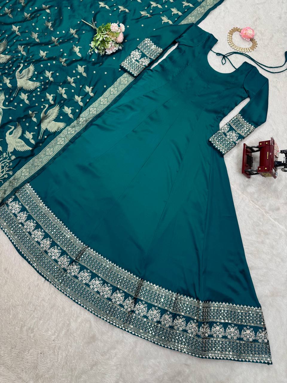 Rama Colour Luxurious Satin Silk Flared Suit with Jacquard Silk Dupatta