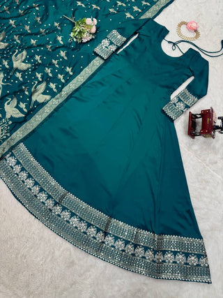 Rama Colour Luxurious Satin Silk Flared Suit with Jacquard Silk Dupatta