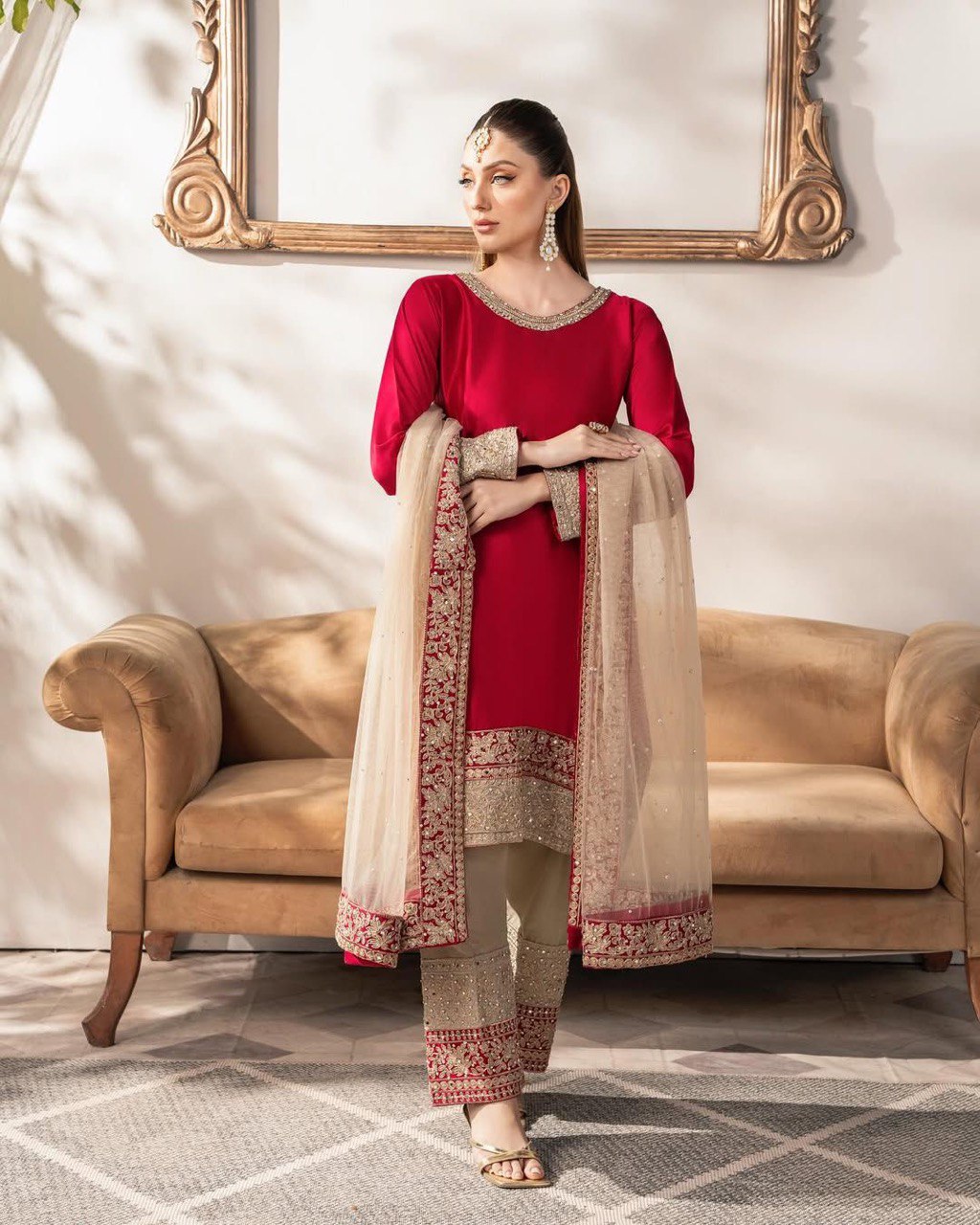 Dark Pink Elegant Satin Silk Ensemble