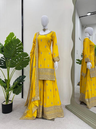 Yellow Elegant Chinon Silk Ensemble – Top, Plazo & Dupatta ClothsVilla