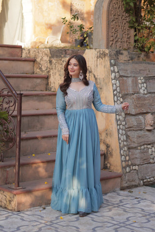 Sky Blue Premium Designer Readymade Gown with Dupatta ClothsVilla