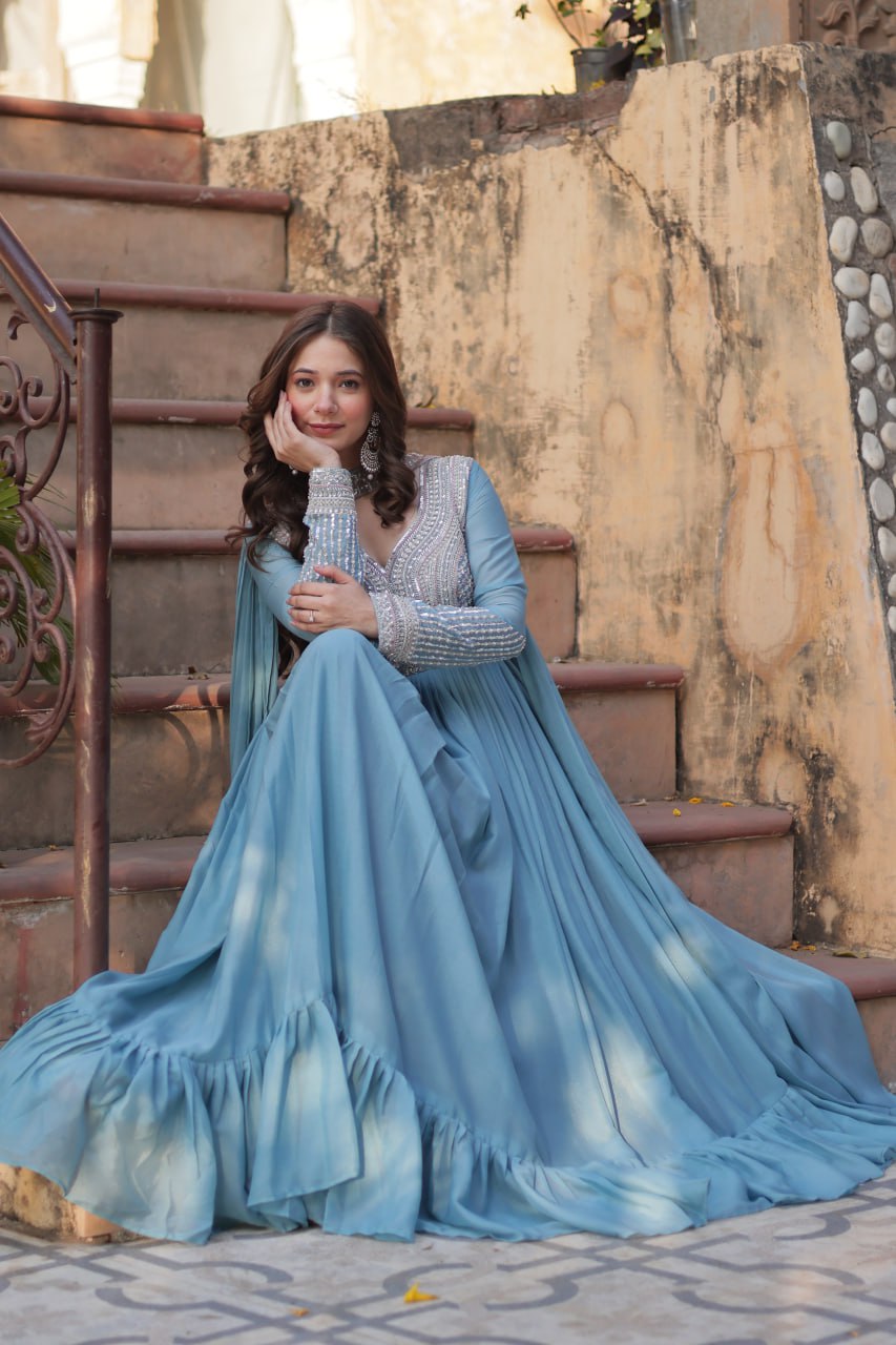 Sky Blue Premium Designer Readymade Gown with Dupatta ClothsVilla