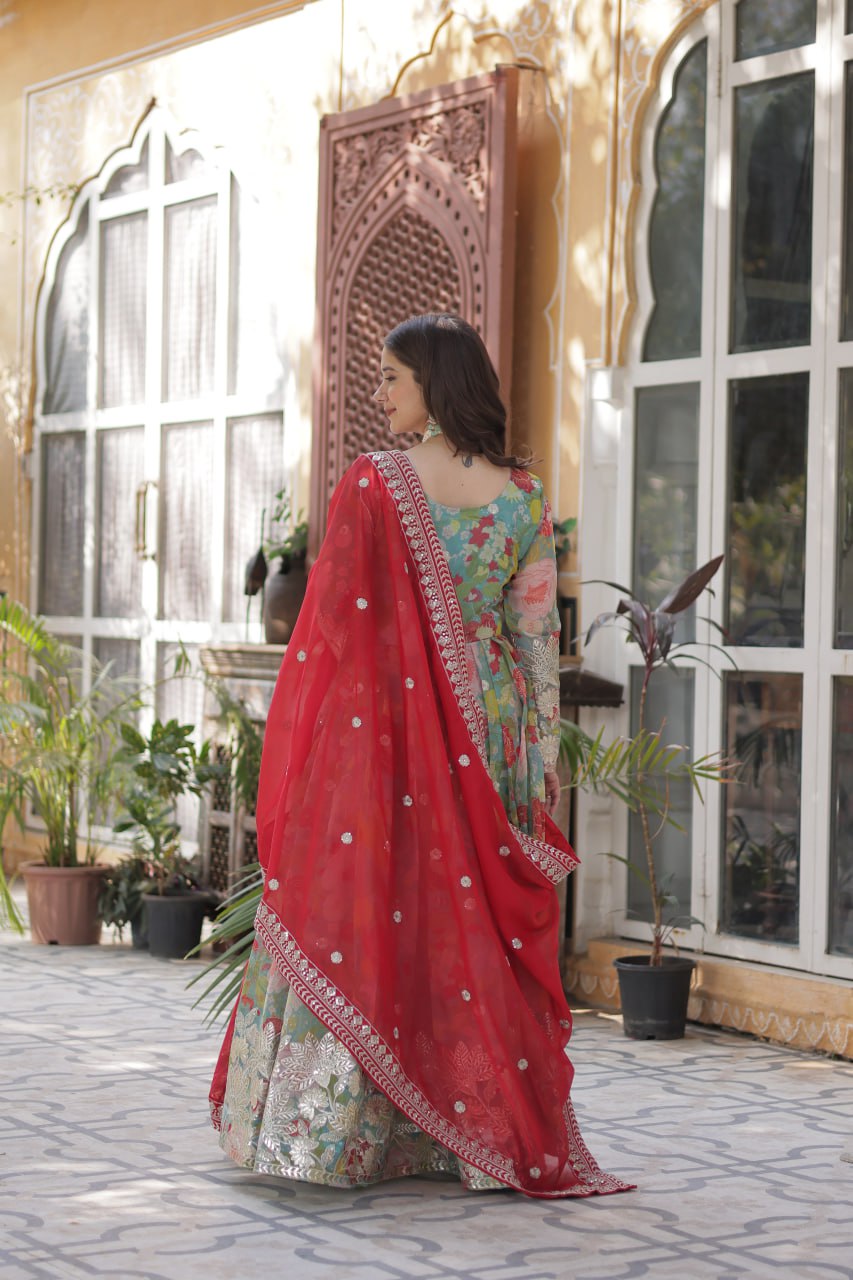 Multi Colour Designer Russian Silk Foil Embroidered Top with Sequined Dupatta Elegant Ethnic Ensemble ClothsVilla