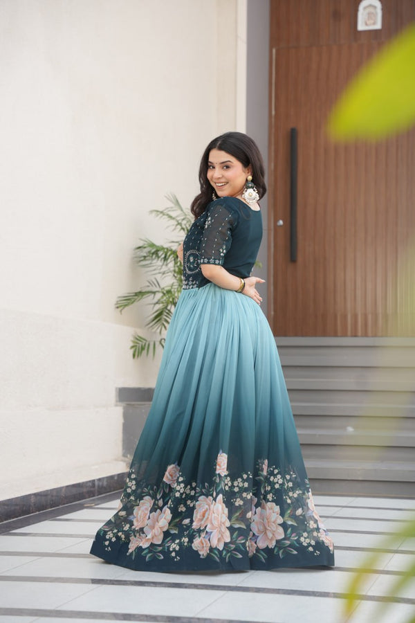 Blue Designer Faux Blooming Gown with Bead Embroidery & Digital Floral Print ClothsVilla