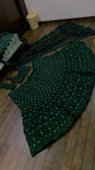 Green Desi Chic Net Lehenga Set with Sequins & Dori Work Clothsvilla