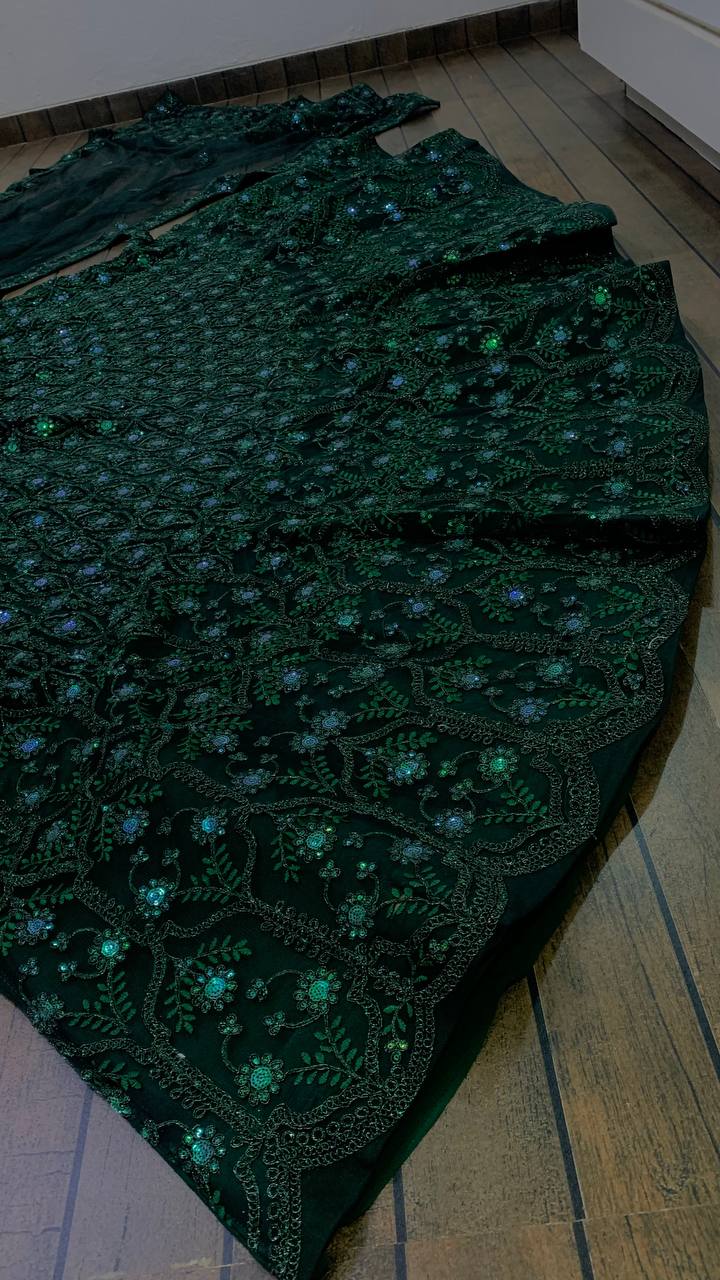 Green Desi Chic Net Lehenga Set with Sequins & Dori Work Clothsvilla