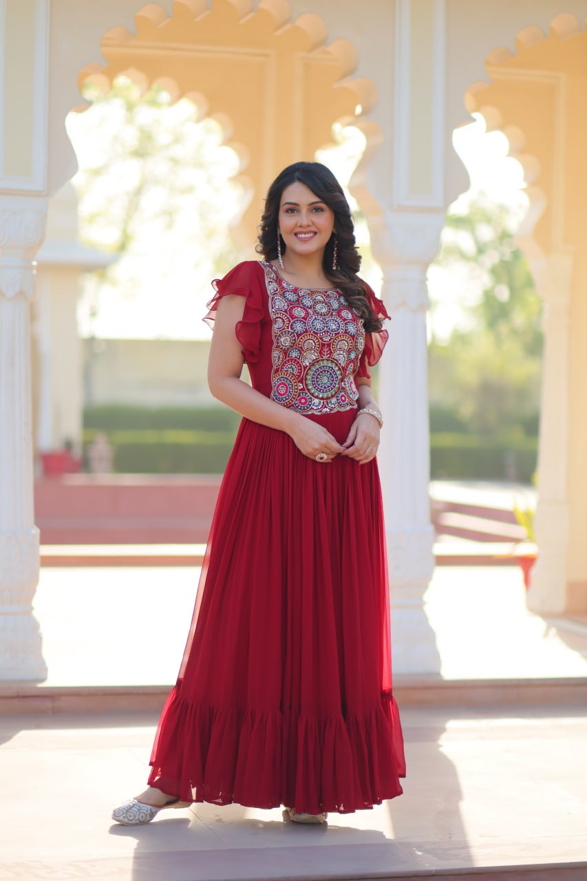 Red Faux Blooming Embroidered Gown with Beads, Sequins & Bell Sleeves – 7 Meter Flair ClothsVilla Main image