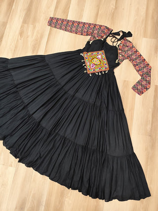 Black Navratri Special Gown with Kutchi Gamthi Embroidery – 3 Layer Frill & 12 Meter Flair ClothsVilla