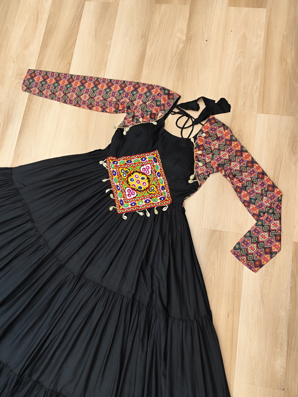 Black Navratri Special Gown with Kutchi Gamthi Embroidery – 3 Layer Frill & 12 Meter Flair ClothsVilla