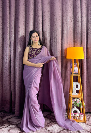 Purple Sleeveless Charm, Jacketed Grace – Sparkle Silk Saree Set with Kasturi Silk Blouse & Koti ClothsVilla