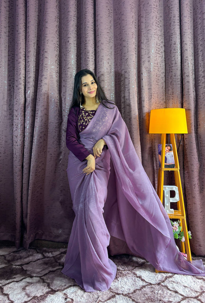 Purple Sleeveless Charm, Jacketed Grace – Sparkle Silk Saree Set with Kasturi Silk Blouse & Koti ClothsVilla