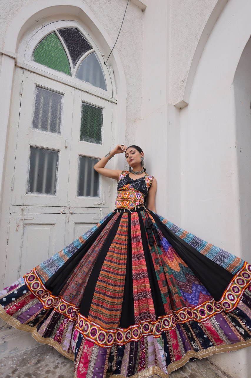 Multi Colour Designer Georgette Gamthi Embroidered Lehenga Set ClothsVilla