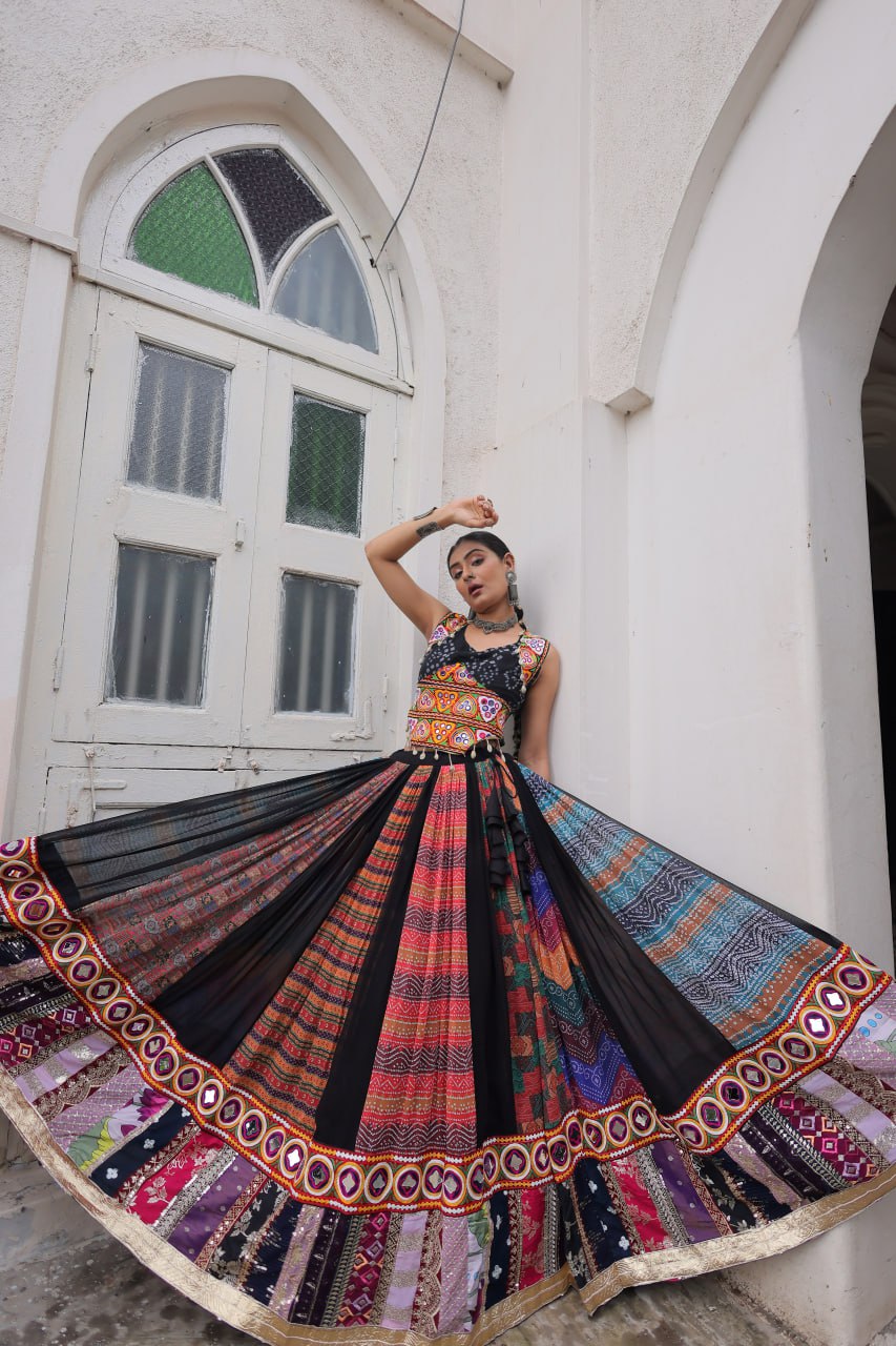 Multi Colour Designer Georgette Gamthi Embroidered Lehenga Set ClothsVilla