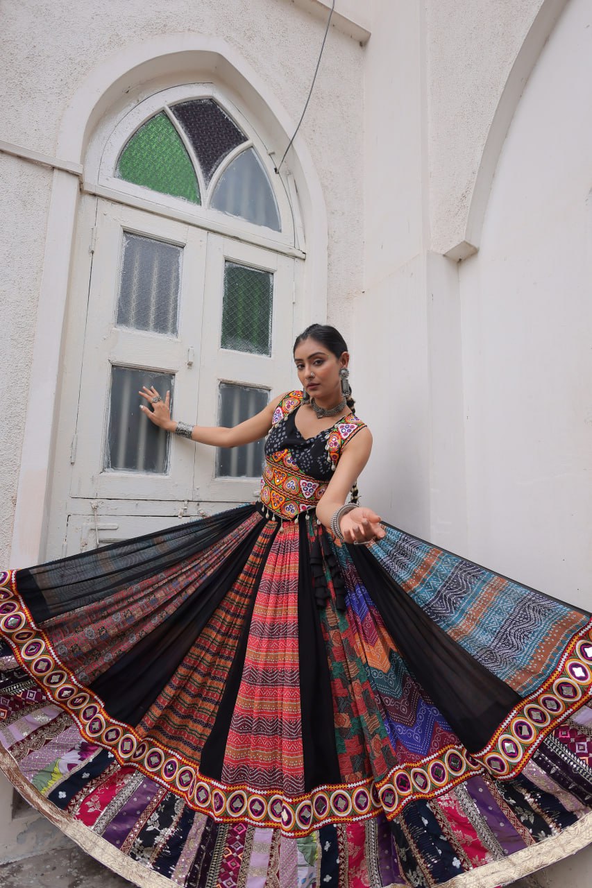 Multi Colour Designer Georgette Gamthi Embroidered Lehenga Set ClothsVilla