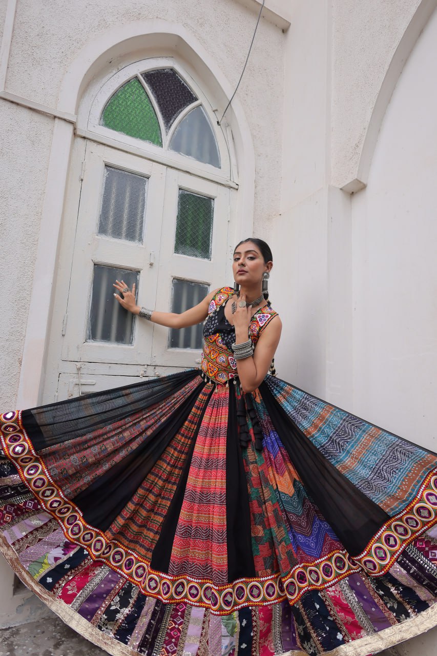 Multi Colour Designer Georgette Gamthi Embroidered Lehenga Set ClothsVilla