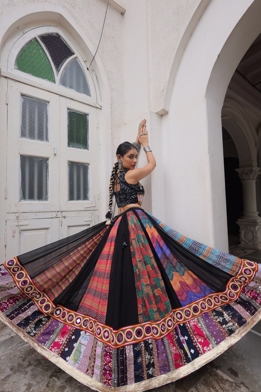 Multi Colour Designer Georgette Gamthi Embroidered Lehenga Set ClothsVilla