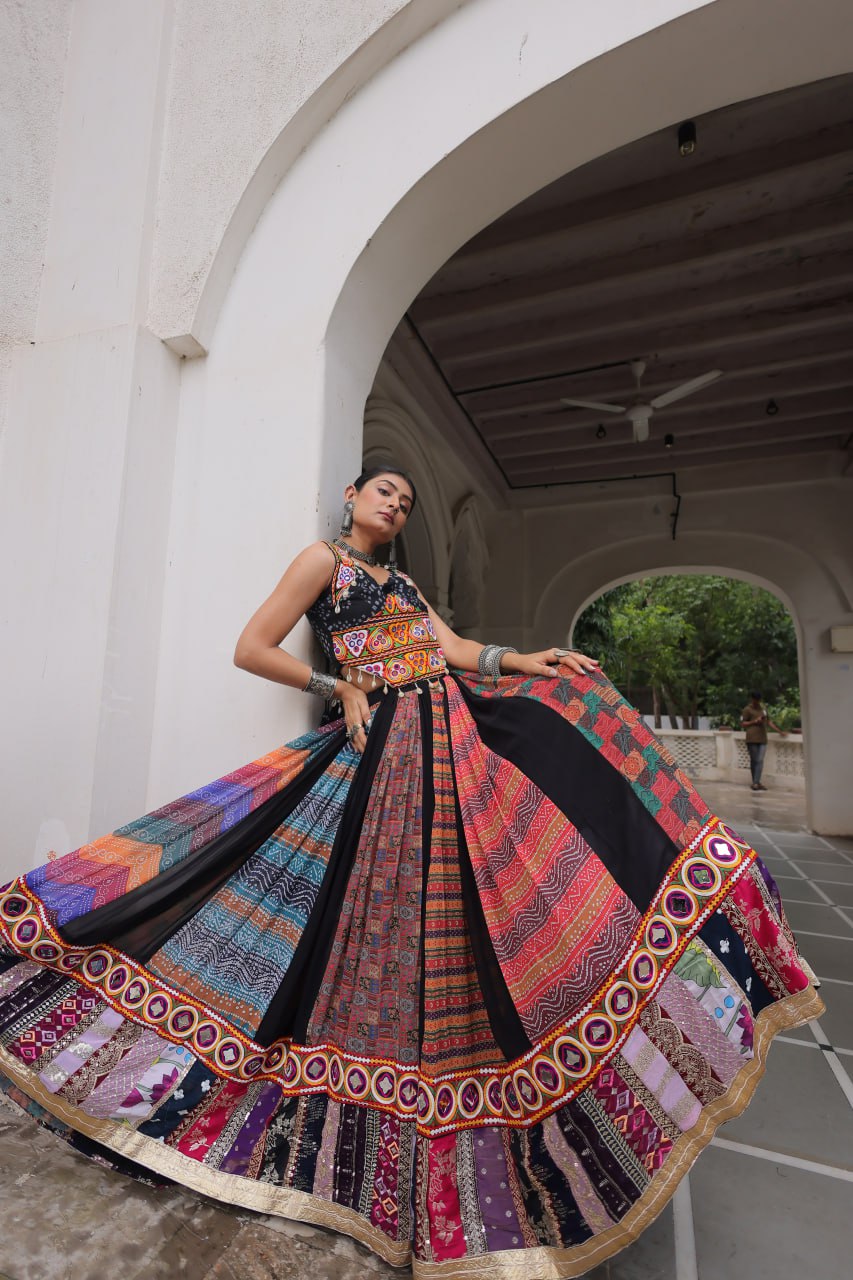 Multi Colour Designer Georgette Gamthi Embroidered Lehenga Set ClothsVilla