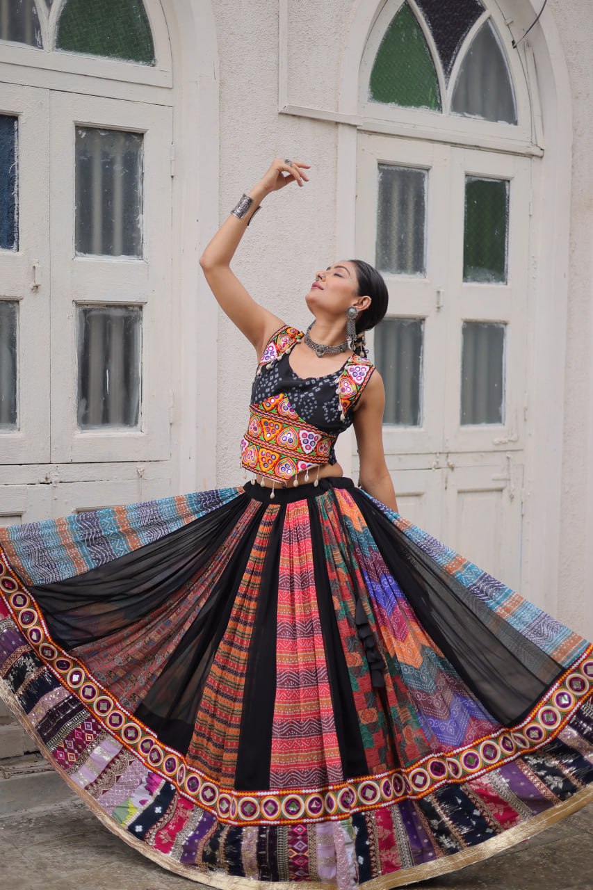 Multi Colour Designer Georgette Gamthi Embroidered Lehenga Set ClothsVilla