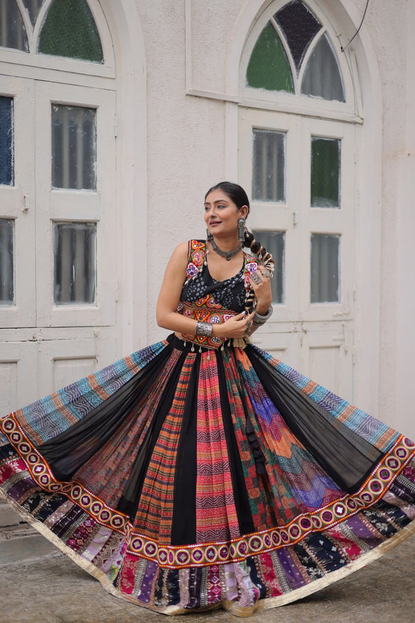 Multi Colour Designer Georgette Gamthi Embroidered Lehenga Set ClothsVilla