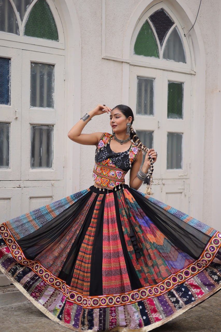 Multi Colour Designer Georgette Gamthi Embroidered Lehenga Set ClothsVilla