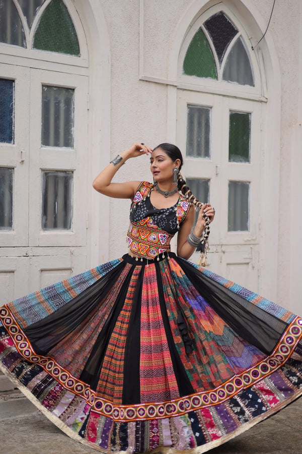 Multi Colour Designer Georgette Gamthi Embroidered Lehenga Set ClothsVilla