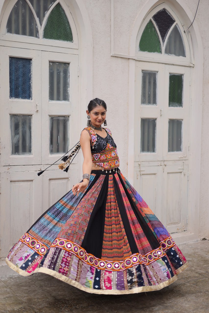 Multi Colour Designer Georgette Gamthi Embroidered Lehenga Set ClothsVilla