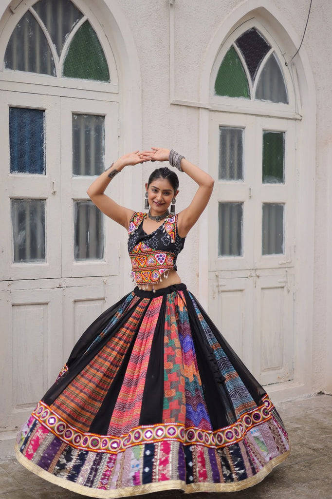 Multi Colour Designer Georgette Gamthi Embroidered Lehenga Set ClothsVilla