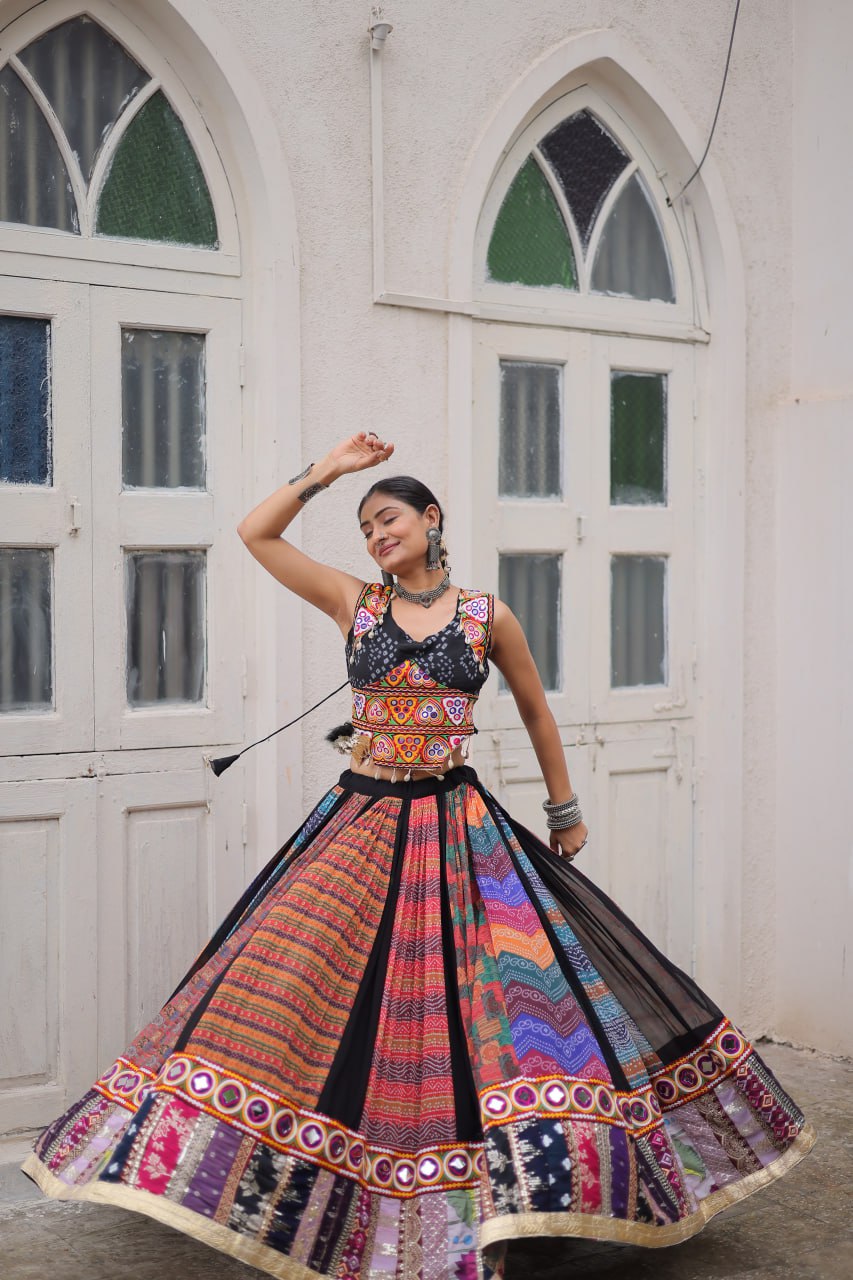 Multi Colour Designer Georgette Gamthi Embroidered Lehenga Set ClothsVilla