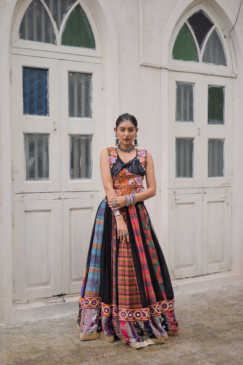 Multi Colour Designer Georgette Gamthi Embroidered Lehenga Set ClothsVilla