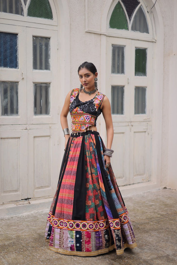 Multi Colour Designer Georgette Gamthi Embroidered Lehenga Set ClothsVilla