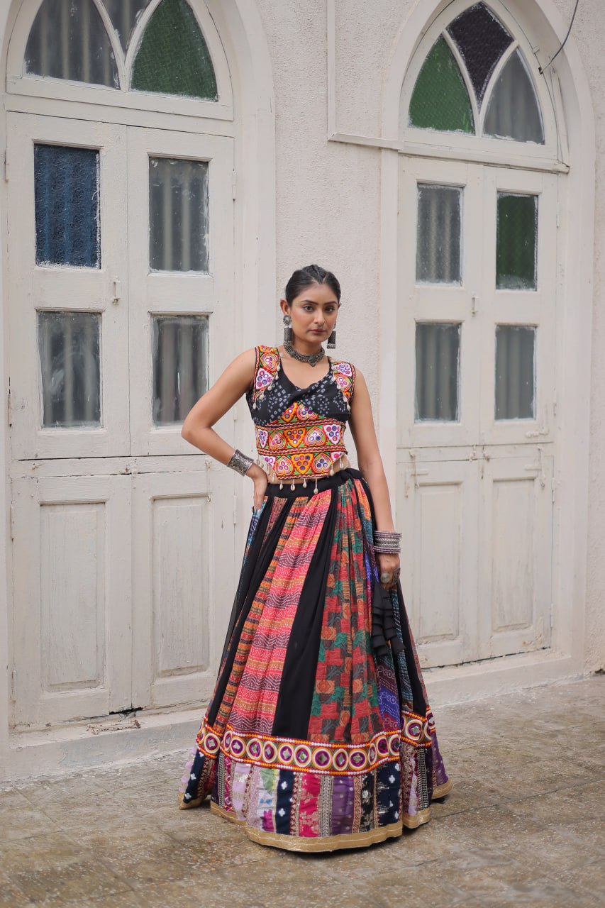 Multi Colour Designer Georgette Gamthi Embroidered Lehenga Set ClothsVilla