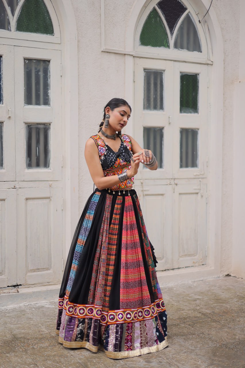 Multi Colour Designer Georgette Gamthi Embroidered Lehenga Set ClothsVilla