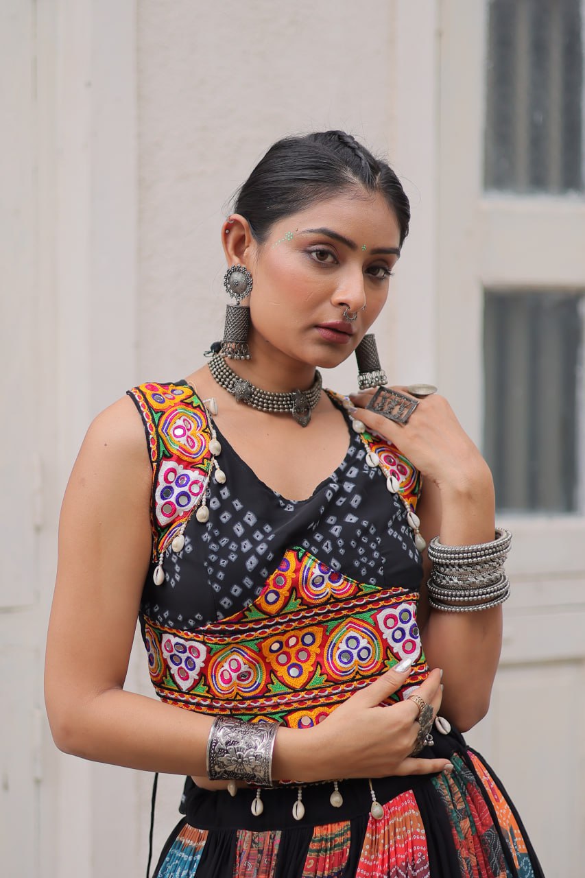 Multi Colour Designer Georgette Gamthi Embroidered Lehenga Set ClothsVilla