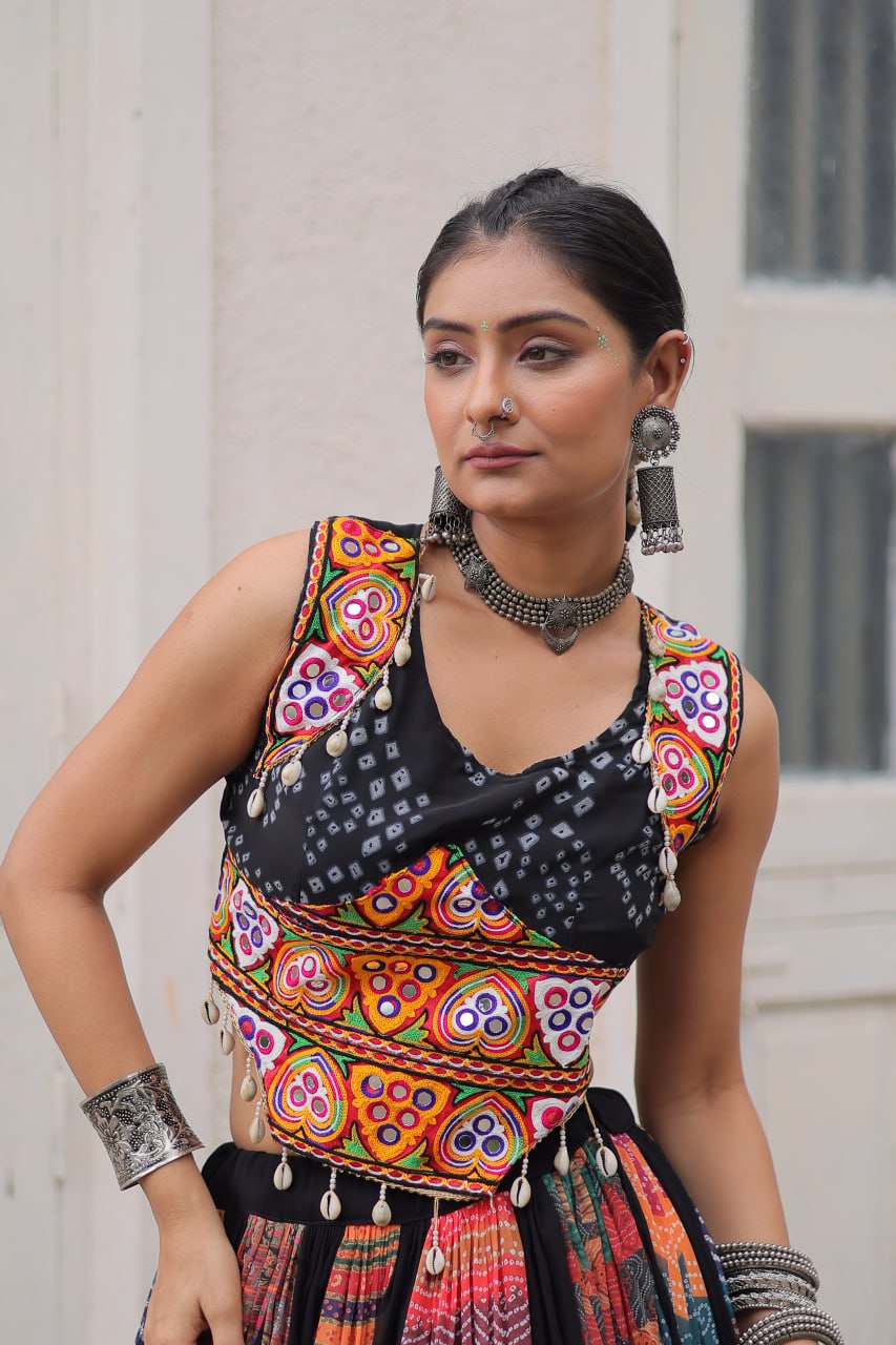 Multi Colour Designer Georgette Gamthi Embroidered Lehenga Set ClothsVilla