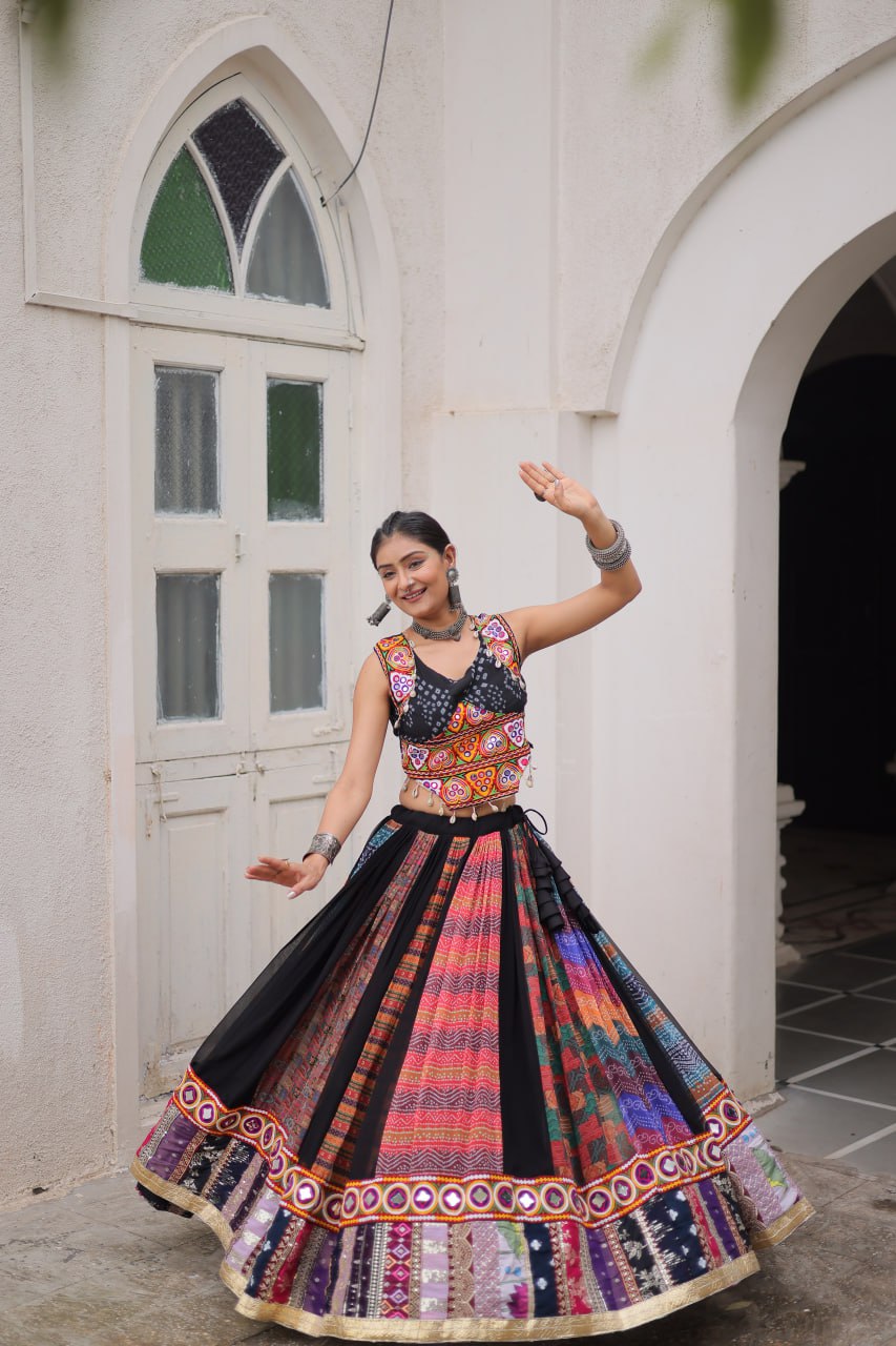 Multi Colour Designer Georgette Gamthi Embroidered Lehenga Set ClothsVilla