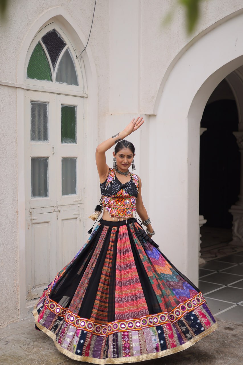 Multi Colour Designer Georgette Gamthi Embroidered Lehenga Set ClothsVilla