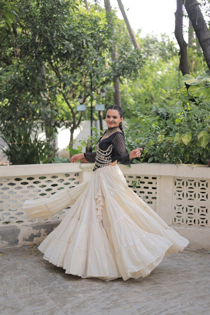 Designer Kora Cotton Lehenga with 12 Meter Flair & Leheriya Print Mirror Work Blouse ClothsVilla