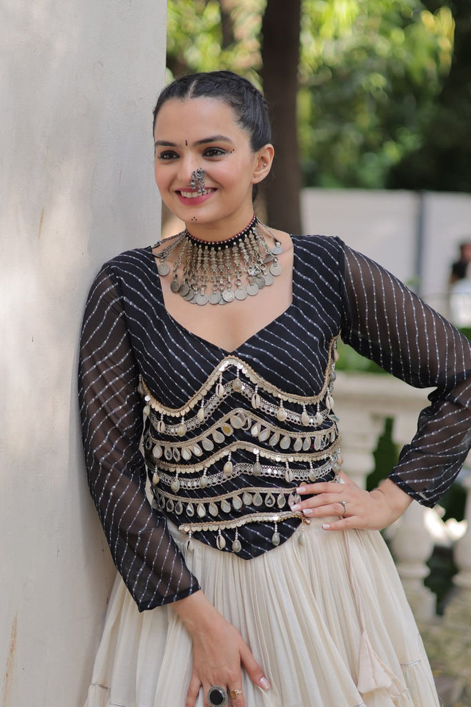 Designer Kora Cotton Lehenga with 12 Meter Flair & Leheriya Print Mirror Work Blouse ClothsVilla