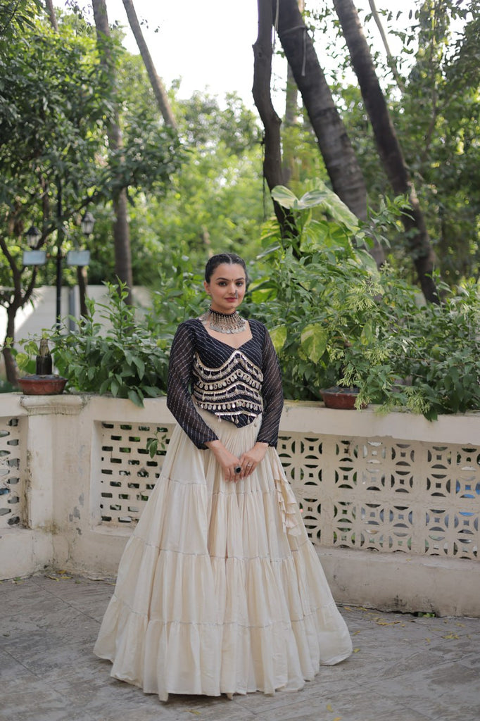 Designer Kora Cotton Lehenga with 12 Meter Flair & Leheriya Print Mirror Work Blouse ClothsVilla