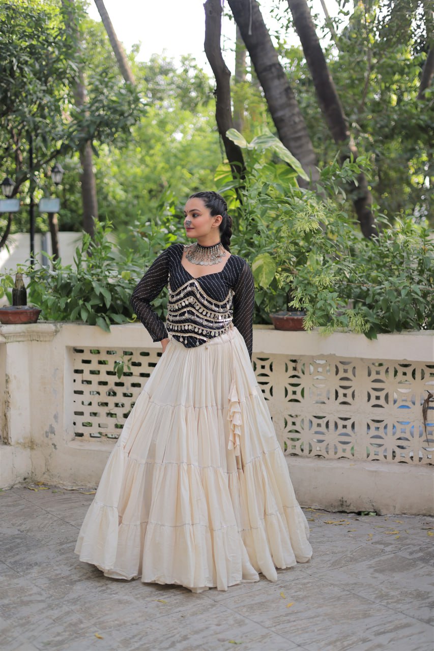 Designer Kora Cotton Lehenga with 12 Meter Flair & Leheriya Print Mirror Work Blouse ClothsVilla
